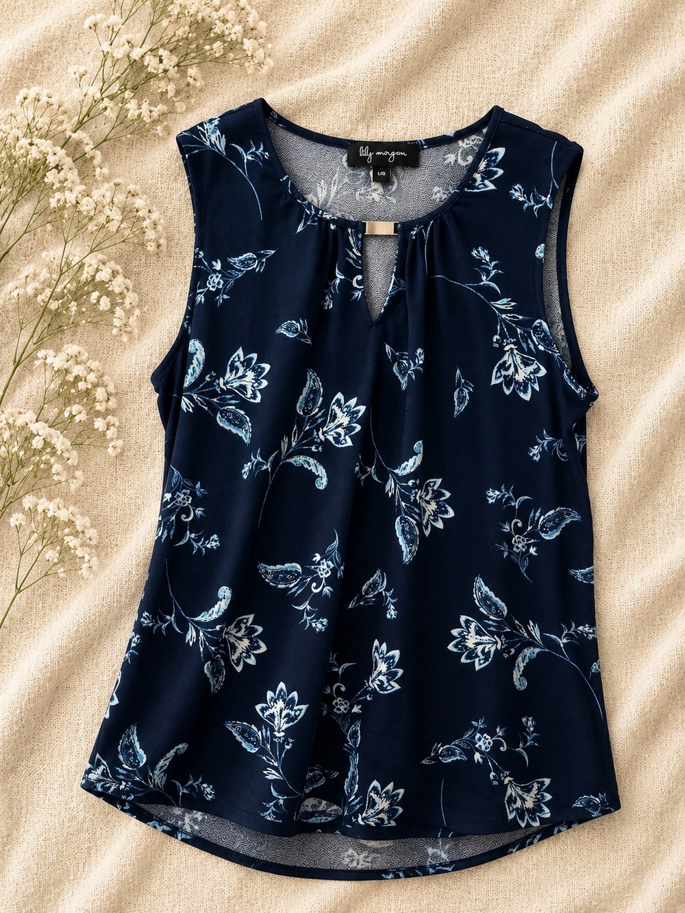 Lily Morgan Navy Floral Sleeveless Blouse Large Keyhole Neck Top